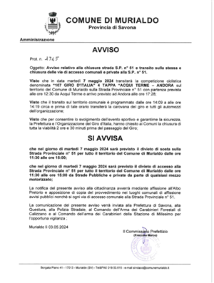 AVVISO CHIUSURA STRADA S.P. 51 07/05/2024