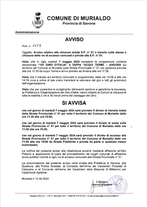 AVVISO CHIUSURA STRADA 07/05/2024